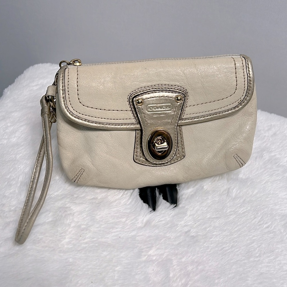 Coach Cream Leather Wristlet Clutch with Gold Hardware
